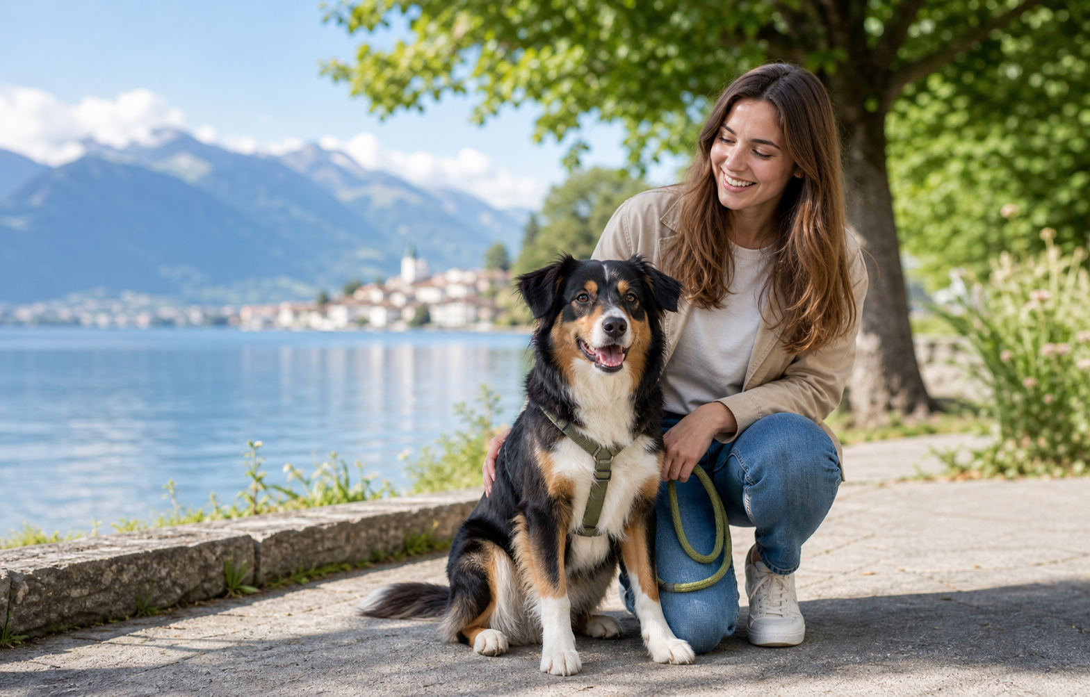 Propriétaire suisse avec son chien en promenade